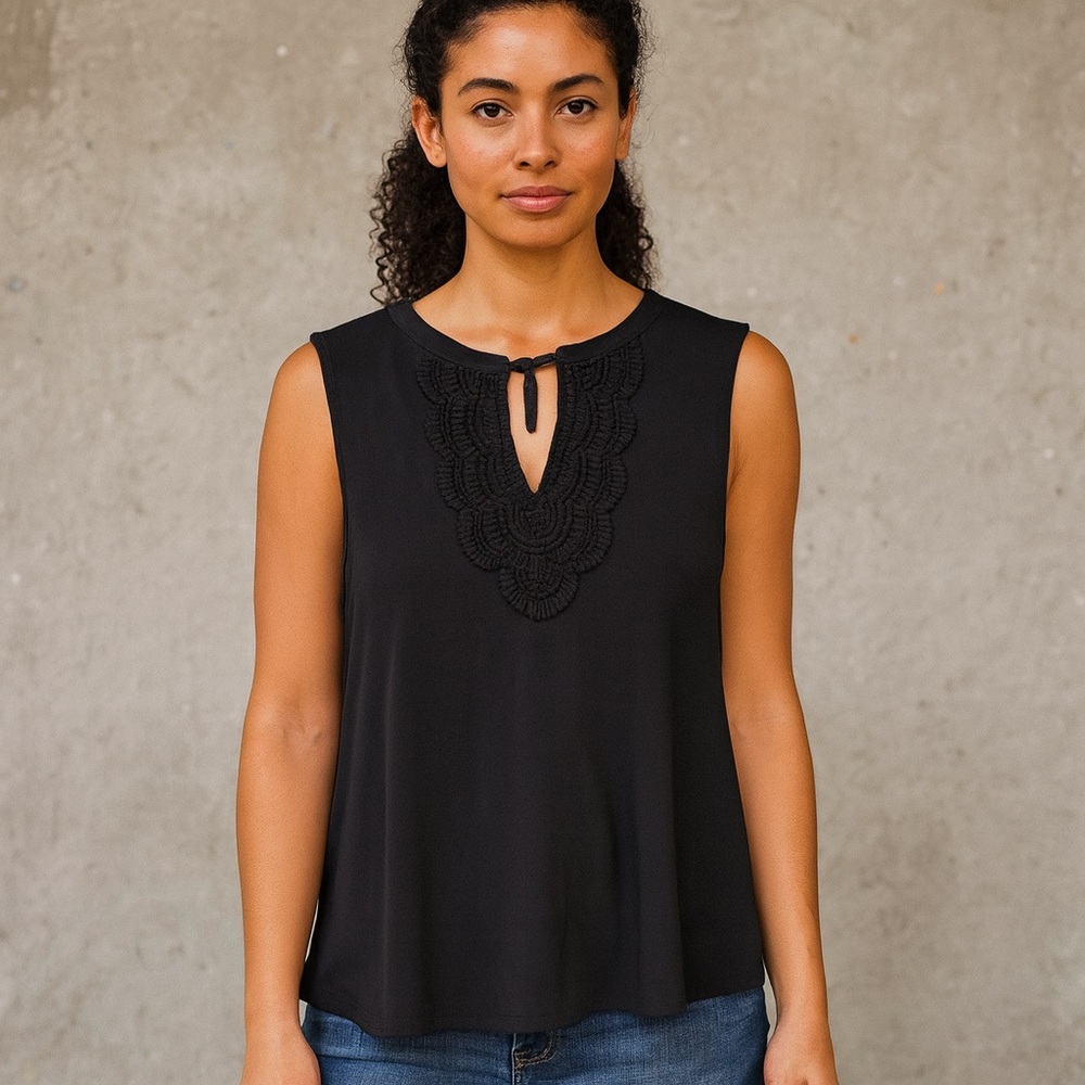 🖤 Daniel Rainn Black Sleeveless Embroidered Blouse Split Back Size XXL
